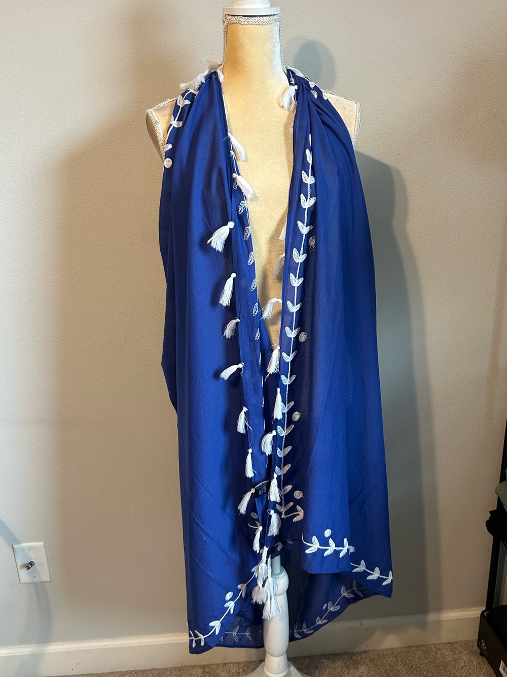 NEW Fig & Vine Royal Blue Embroidered Tassel Scarf Wrap Swim Coverup Sz L/XL